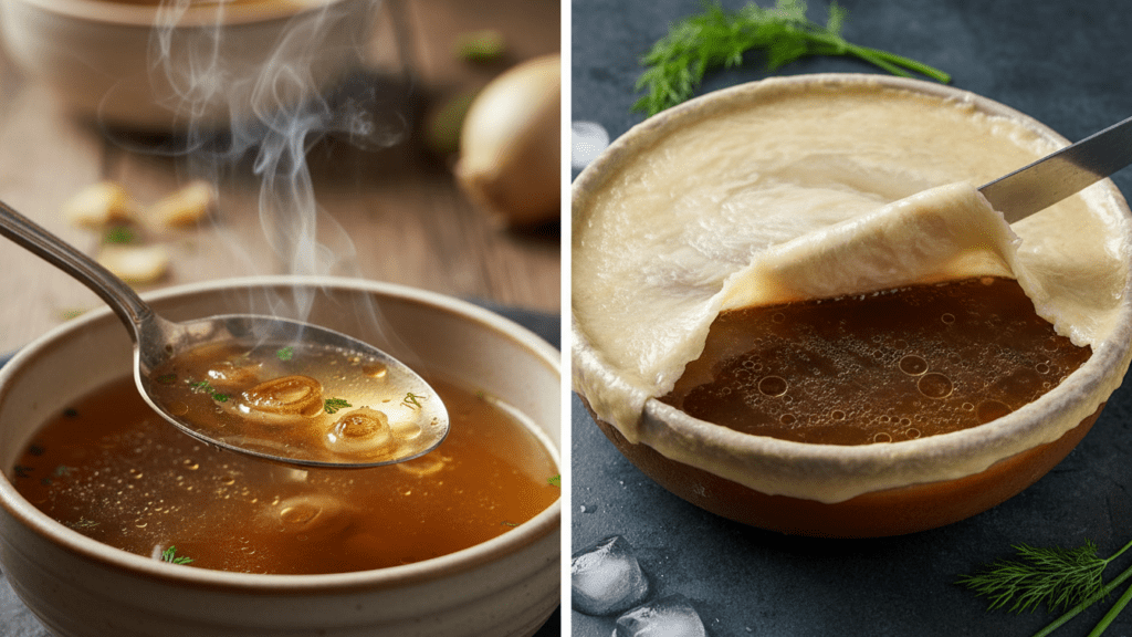 Close up of a spoon lifting clear broth and a wide shot of the cooling gelatinous broth
