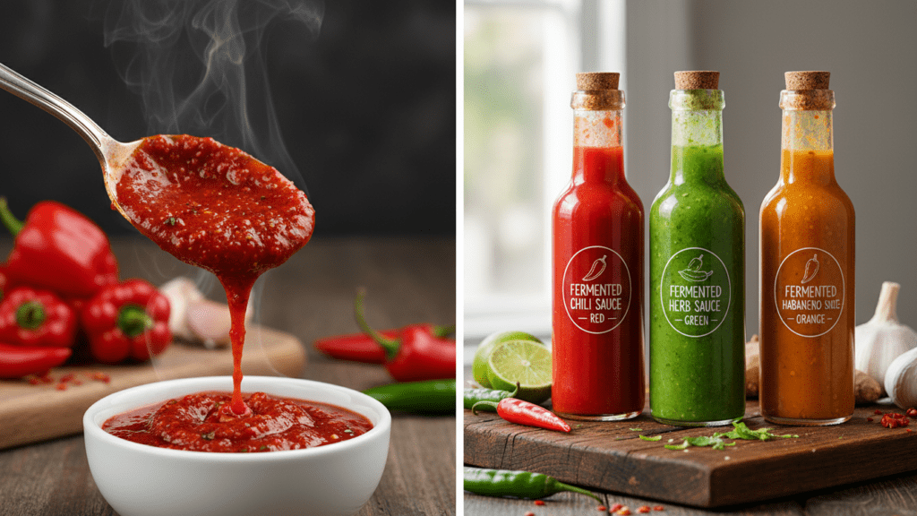 Close up of a smooth red hot sauce being poured and a wide shot of different colored bottles.
