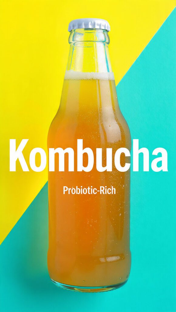 A gallon glass jar of fermenting kombucha with a SCOBY on top and text overlay "Kombucha".