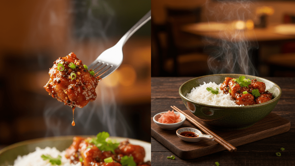 A close-up shot of a spicy malatang noodle pull and a wide shot of a bubbling pot.