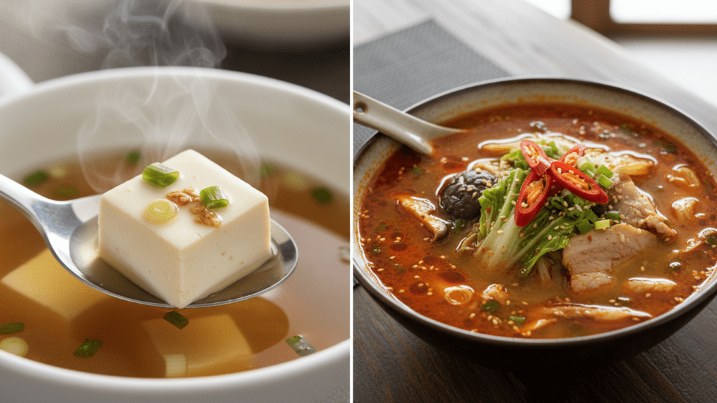 Two separate images showing a spicy miso variant and a classic clear miso soup.