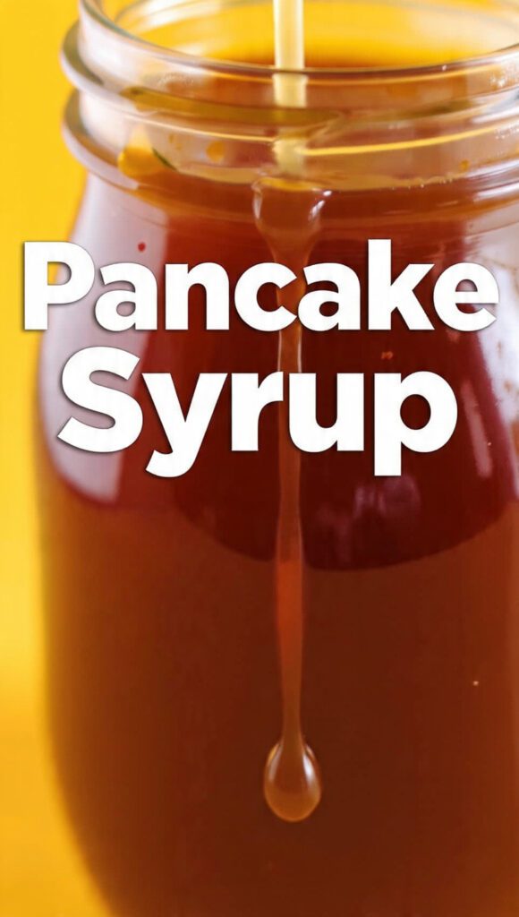 A glass jar of golden brown pancake syrup being poured over a stack of pancakes with text overlay "Pancake Syrup".