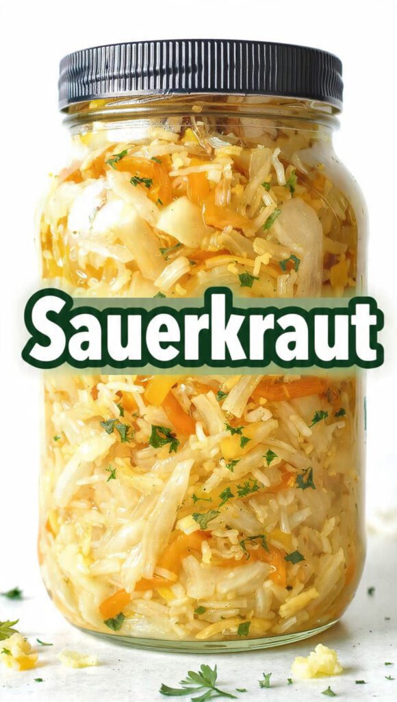 A wide-mouth glass jar filled with fresh homemade sauerkraut and a text overlay.