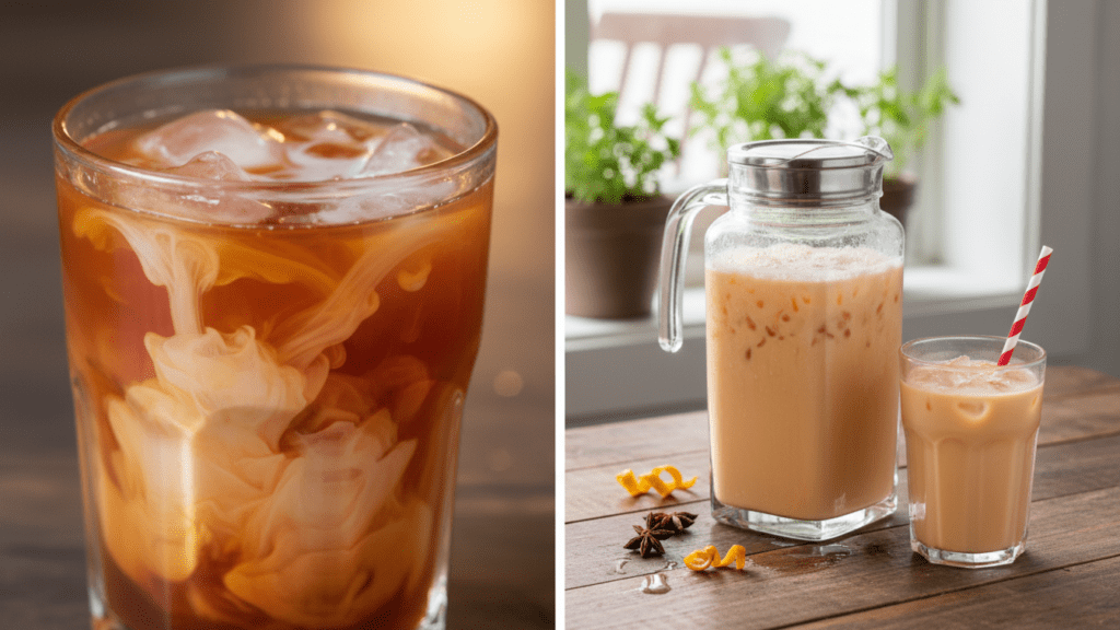 Two glasses of Thai iced tea, one fully stirred and one with the milk still swirling.