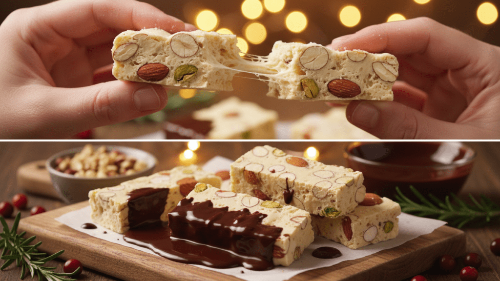 Close up of soft torrone nougat and chocolate dipped torrone