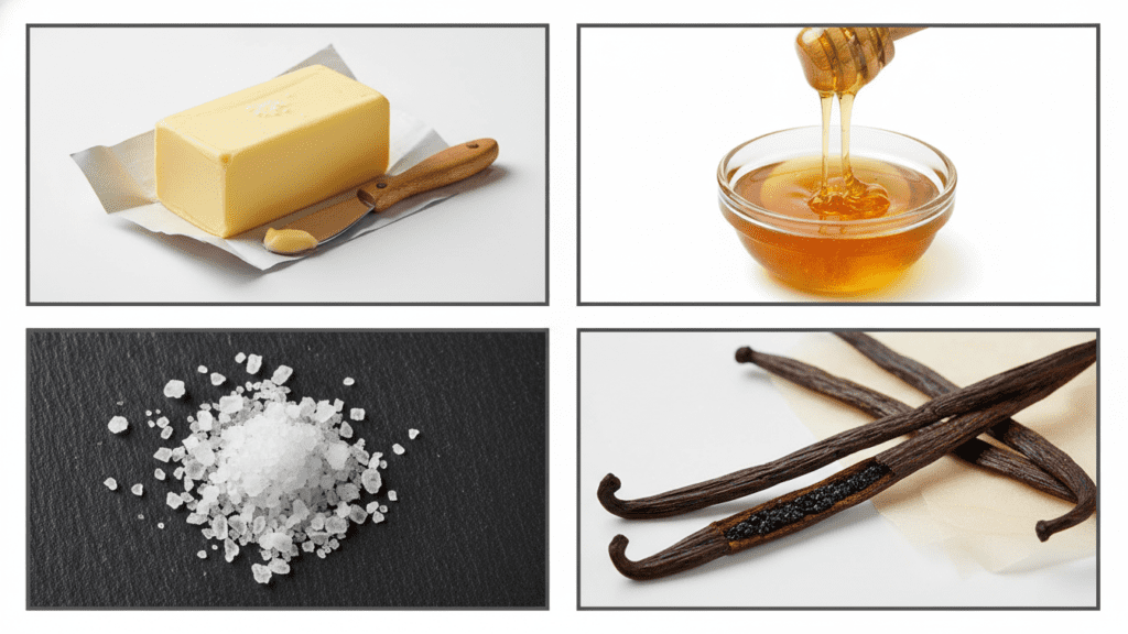 A collage of fresh ingredients for honey butter including raw honey, sea salt, and a stick of butter.