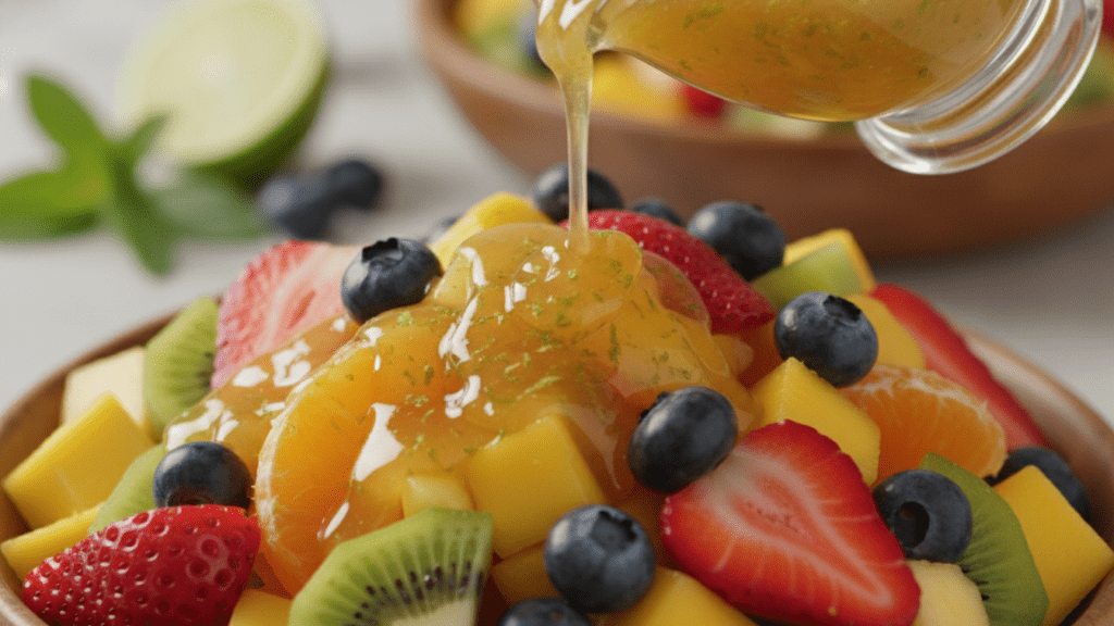 A close-up shot of golden honey lime dressing being drizzled over a colorful fruit salad.
