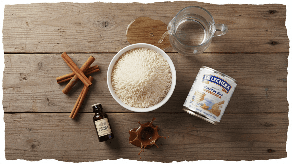 Collage of white rice, cinnamon sticks, vanilla, and condensed milk.