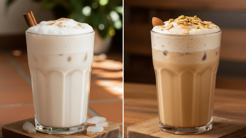 Two variants of horchata, one classic and one topped with almonds.