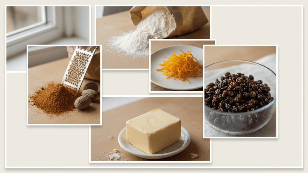 Ingredients for hot cross buns including flour, spices, and orange zest.
