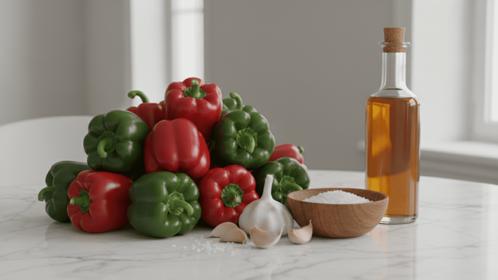 A collage of ingredients: red habaneros, jalape&ntilde;os, garlic cloves, sea salt, and white vinegar.