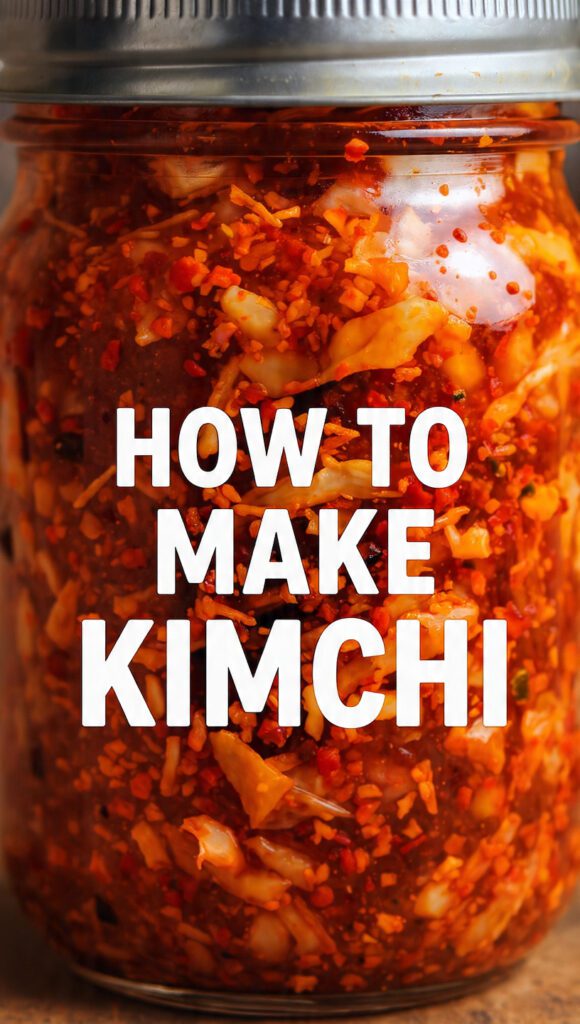 A glass jar of authentic homemade kimchi with a bold text overlay.