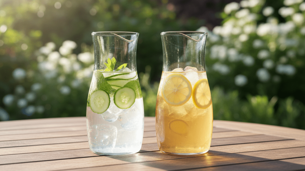 Two different types of infused water, one with cucumber and mint, one with lemon and ginger.