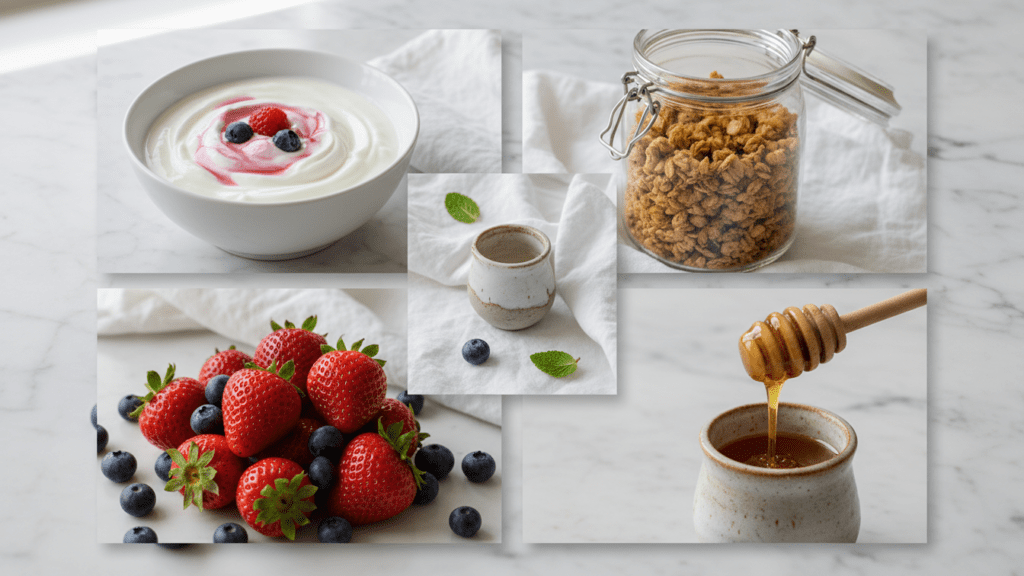 A flatlay collage of ingredients for berry yogurt parfaits including yogurt, granola, and fresh berries.