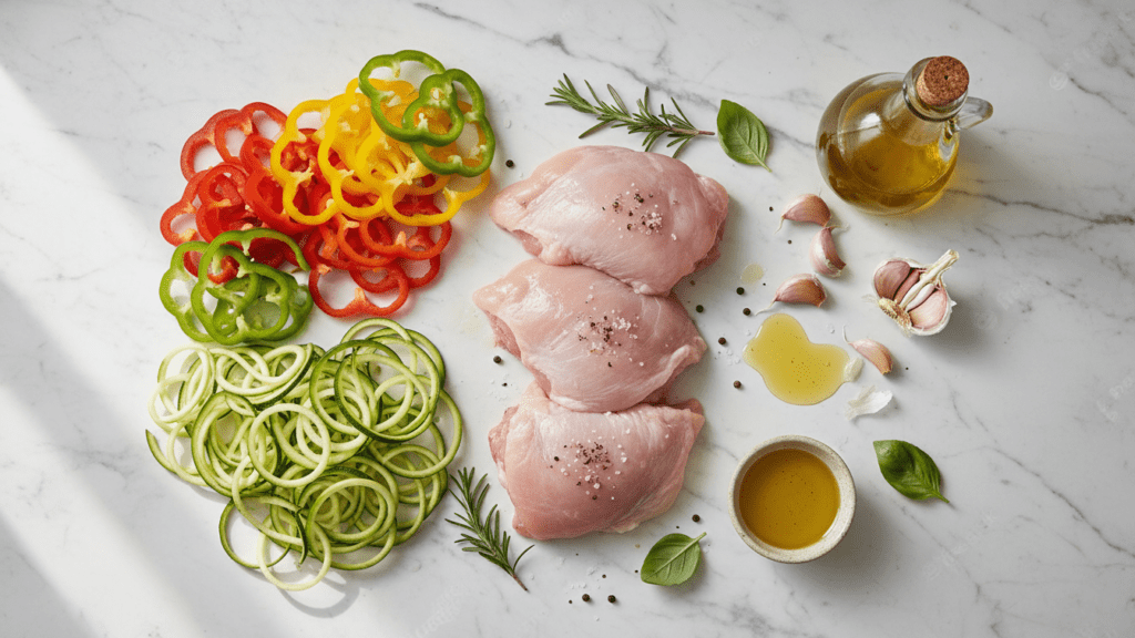 Raw ingredients for grilled chicken and roasted vegetables including peppers, garlic, and chicken.