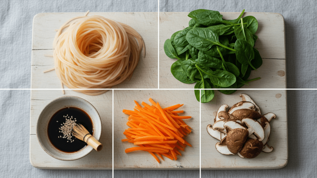 A collage of japchae ingredients including sweet potato noodles, spinach, carrots, and soy sauce.