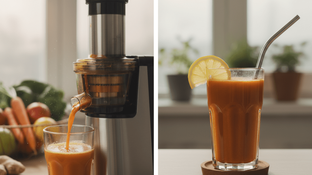 The process of juicing beets and carrots compared to the final served glass.
