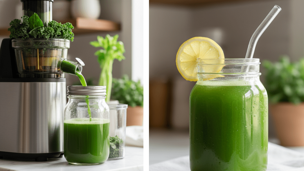 Close up shots of the juicing process and a finished glass of celery juice with garnish.
