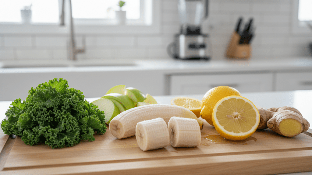 A collage of fresh kale, green apples, frozen bananas, lemon, and ginger.