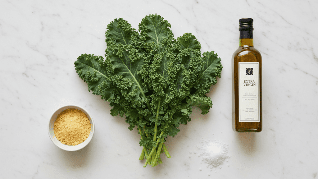 A collage of ingredients: fresh kale, olive oil, nutritional yeast, and sea salt.