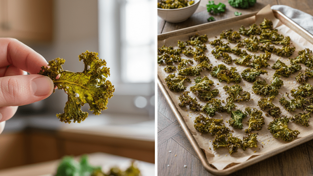 Close up look at a hand holding crispy kale chip and a wide shot of kale chips on a baking sheet.