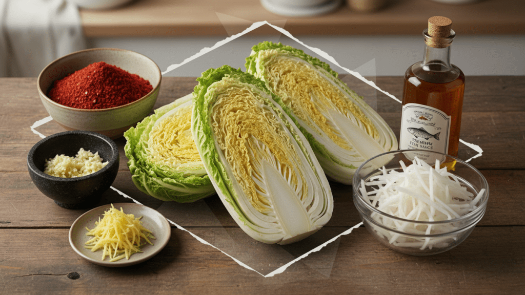 A collage showing all the ingredients needed to make homemade kimchi.