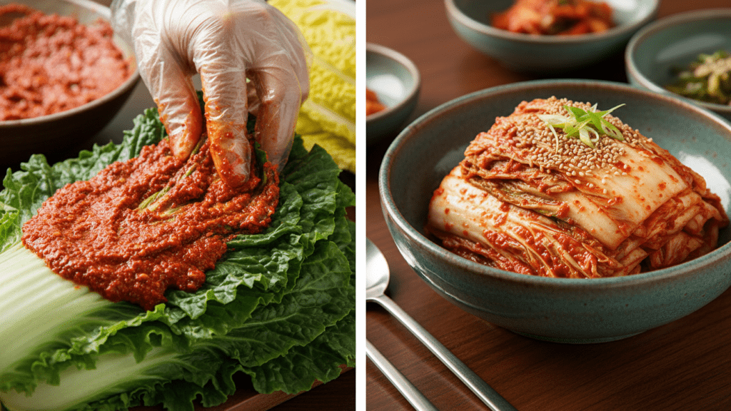 A split image showing the process of making kimchi and the finished spicy dish.