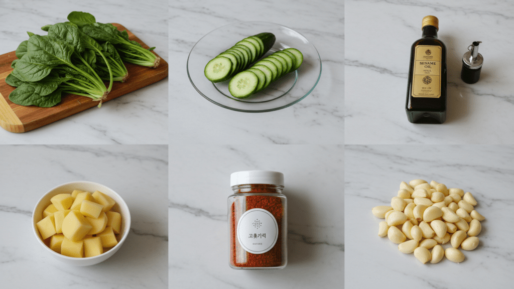 A collection of fresh ingredients for making garlic spinach and braised potatoes.