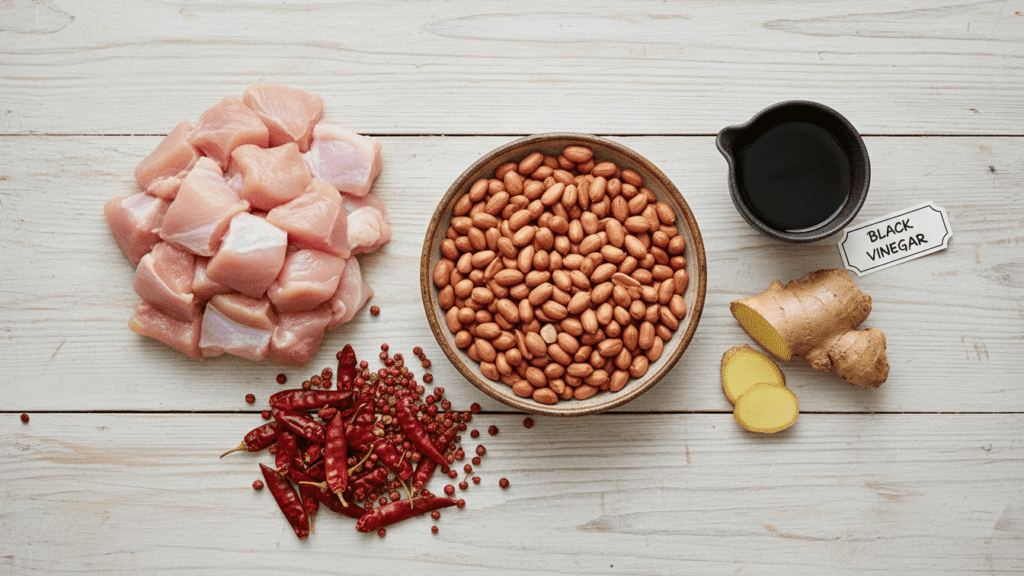 Raw ingredients for making Kung Pao chicken at home.