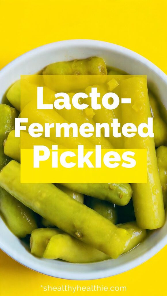 A glass jar of lacto-fermented pickles with dill and garlic and text overlay "Lacto-Fermented Pickles".