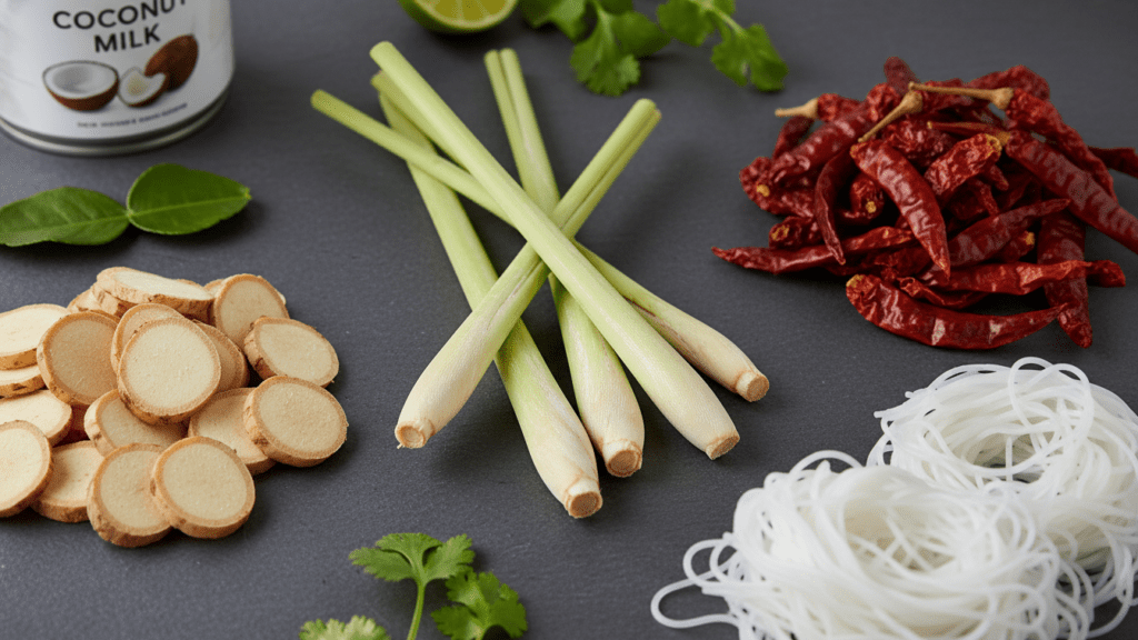 A collage of ingredients: lemongrass, galangal, dried chilies, coconut milk, and rice noodles.