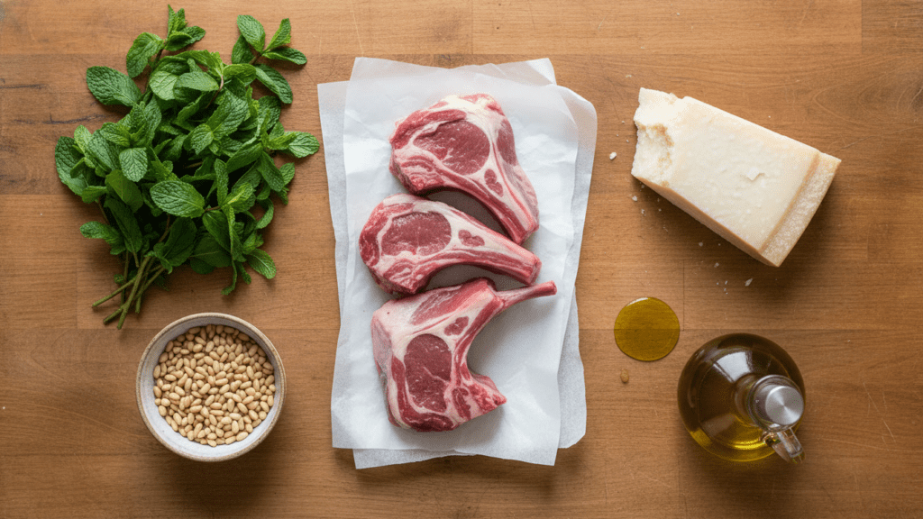 Ingredients for rack of lamb including fresh mint, garlic, pine nuts, and raw lamb racks.