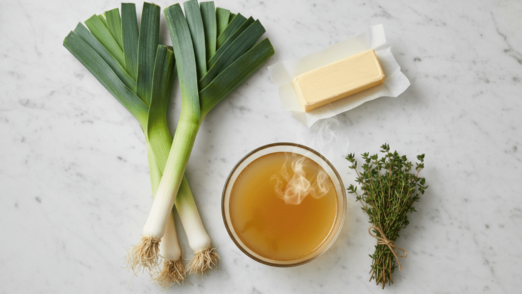 A collage of ingredients: fresh leeks, butter, chicken broth, and fresh thyme.