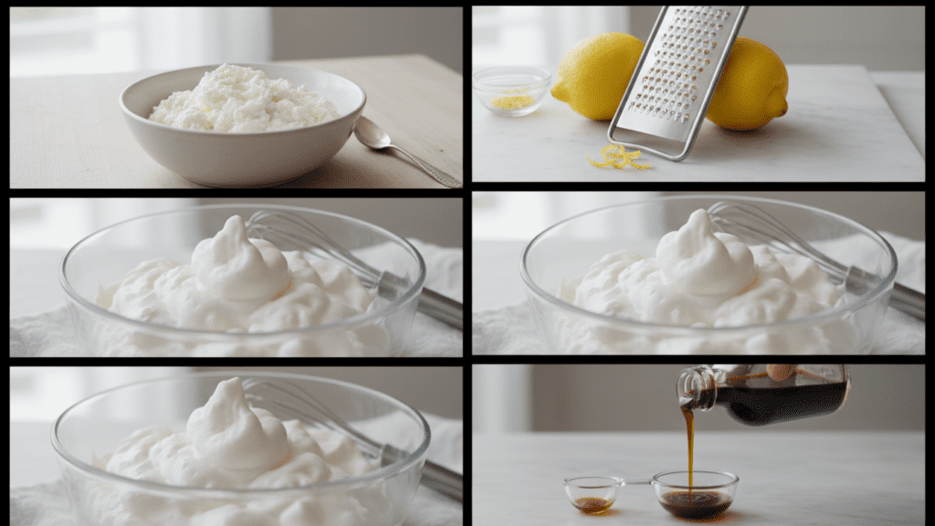 Collage showing ricotta cheese, lemons, eggs, and flour.