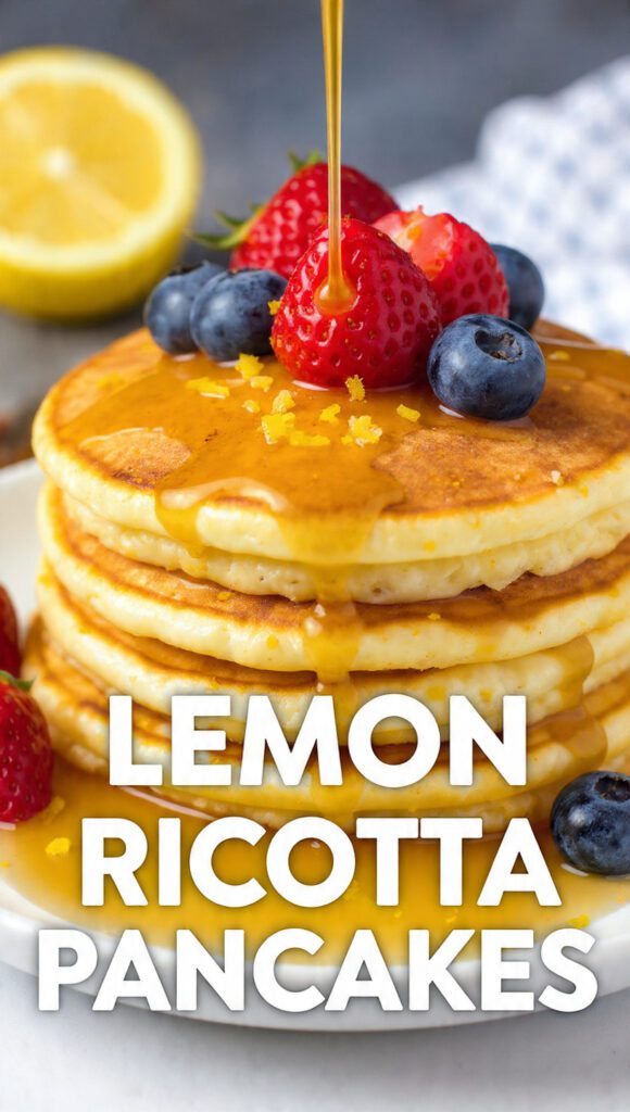 A tall stack of lemon ricotta pancakes topped with berries and powdered sugar.