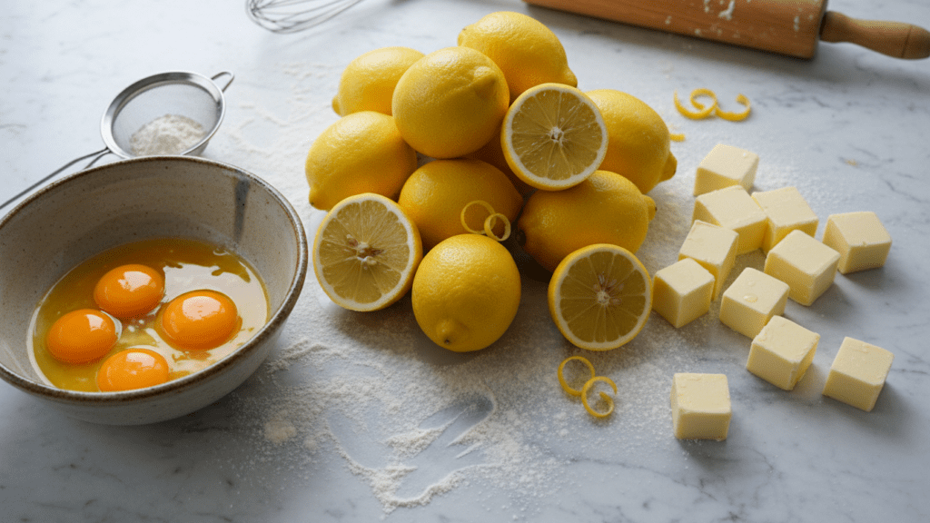 A collage of ingredients: fresh lemons, egg yolks, butter, and powdered sugar