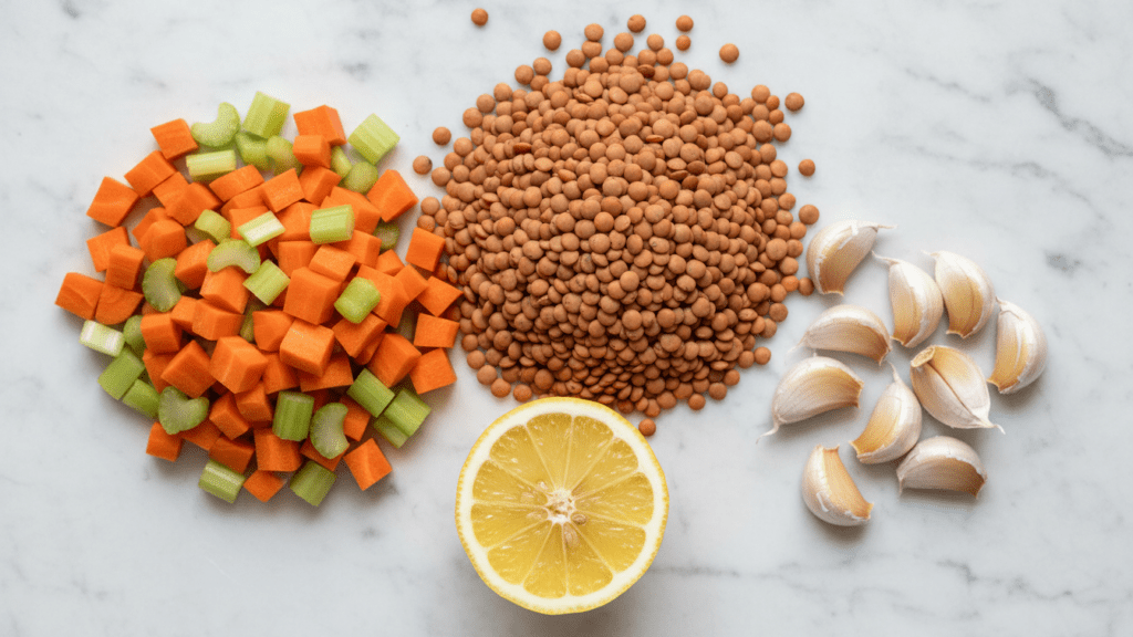 A collage of ingredients: brown lentils, carrots, celery, garlic, and fresh lemons.