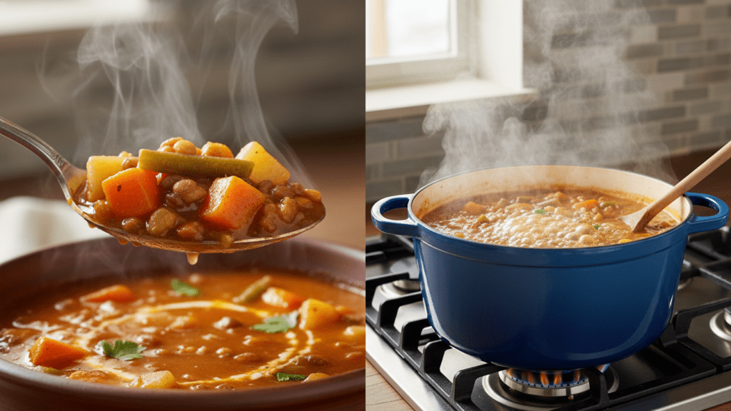Close up of a spoon lifting lentil soup and a wide shot of a full pot.