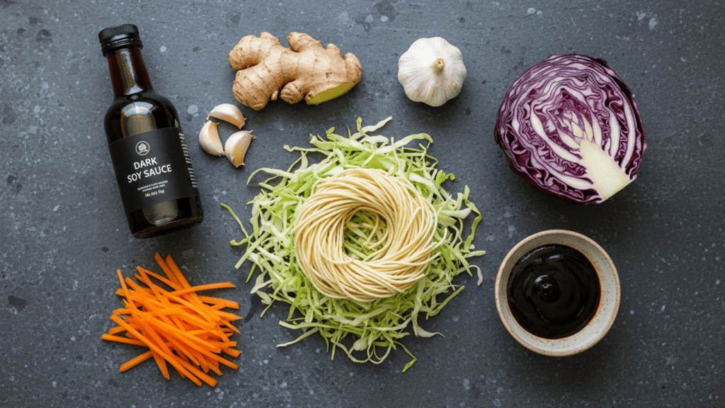 Raw ingredients for making a healthy authentic lo mein recipe at home.)