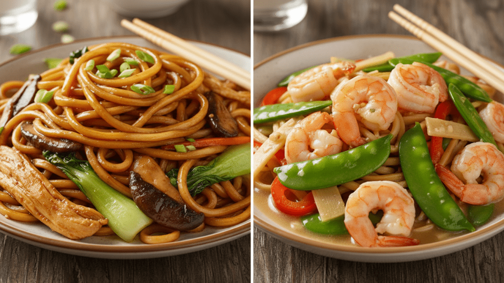 Two different versions of lo mein including chicken and shrimp options.