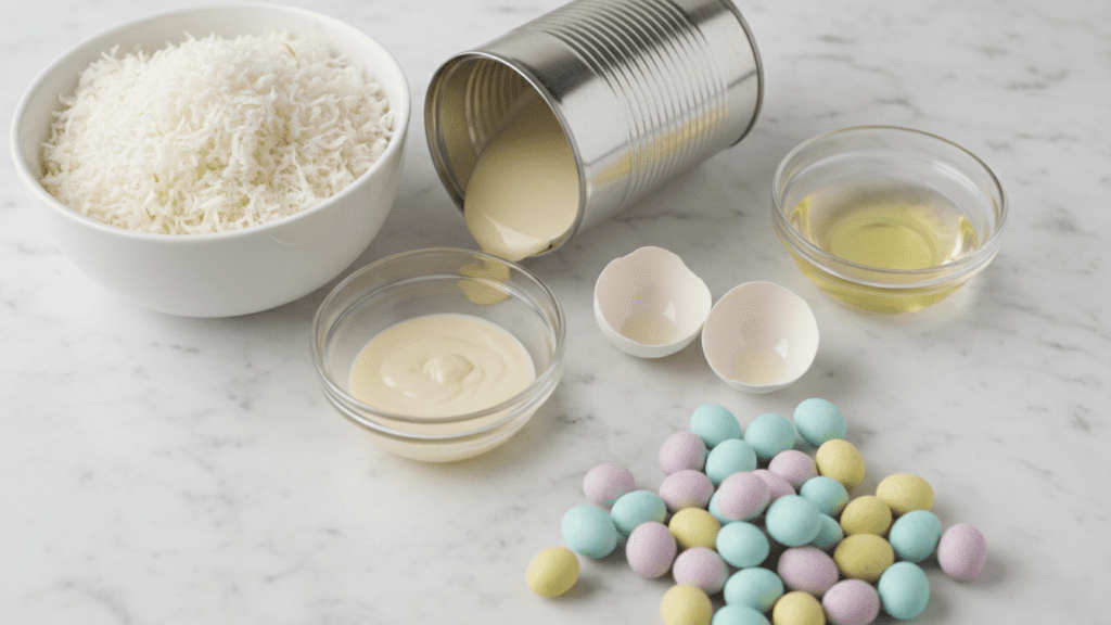 A collage of ingredients: shredded coconut, condensed milk, egg whites, and mini eggs.