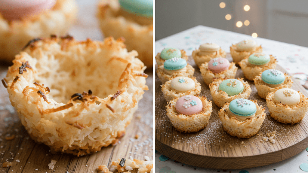 Close up of a macaroon nest and a wide shot of a platter of Easter cookies.