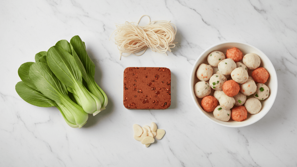 A collage of malatang ingredients including bok choy, fish balls, chili paste, and noodles.