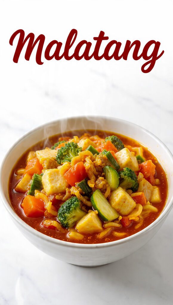 A steaming red bowl of malatang with glass noodles and fish balls with text overlay "Malatang".