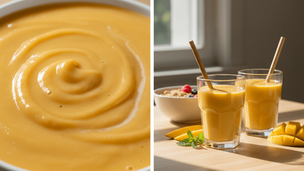 Close up look at the velvety texture of a mango smoothie and a wide shot of two smoothie glasses.