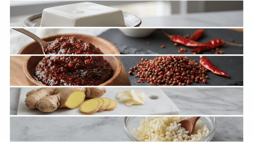 Collage of ingredients including silken tofu, doubanjiang, and peppercorns.