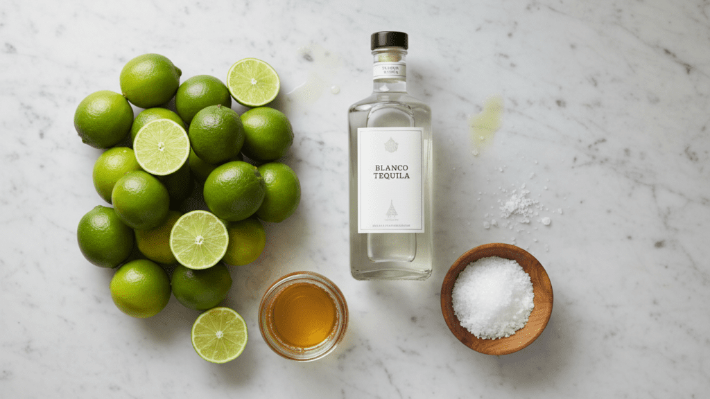 Collage of tequila, limes, agave nectar, and sea salt