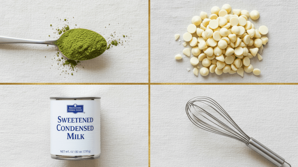 A collage of matcha fudge ingredients: ceremonial matcha powder, white chocolate chips, and condensed milk.