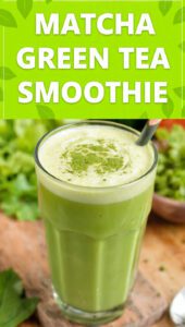 A tall glass of vibrant green matcha smoothie with a straw and mint on top with text overlay "Matcha Green Tea Smoothie"