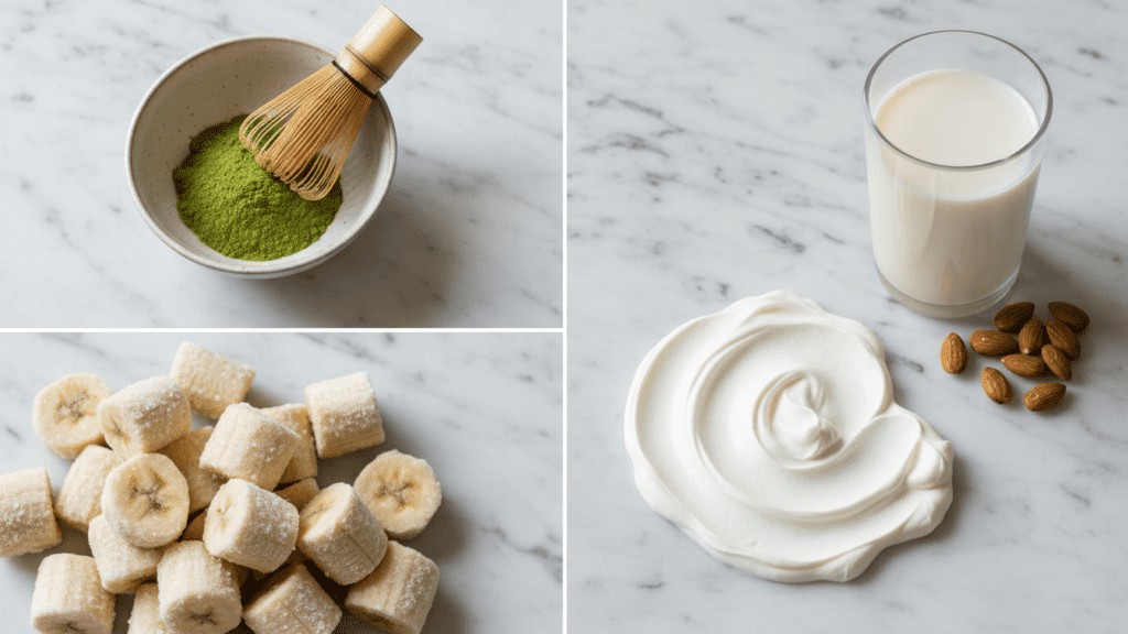 A collage of ingredients: matcha powder, frozen banana, Greek yogurt, and almond milk